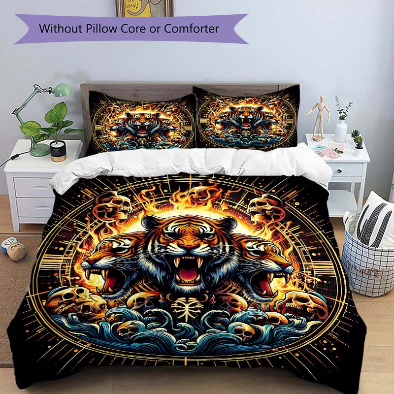 3pcs Flaming Tiger Amidst Waves Pattern Bedding Set, 1* Cover + 2*Pillowcases, Bedding Set, Soft and Comfortable, Bedroom and Guest Room Use