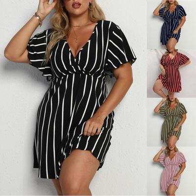 Women's Big Size Striped V-Neck Short Sleeve Dress Waisted Loose Casual Bohemian Skirt