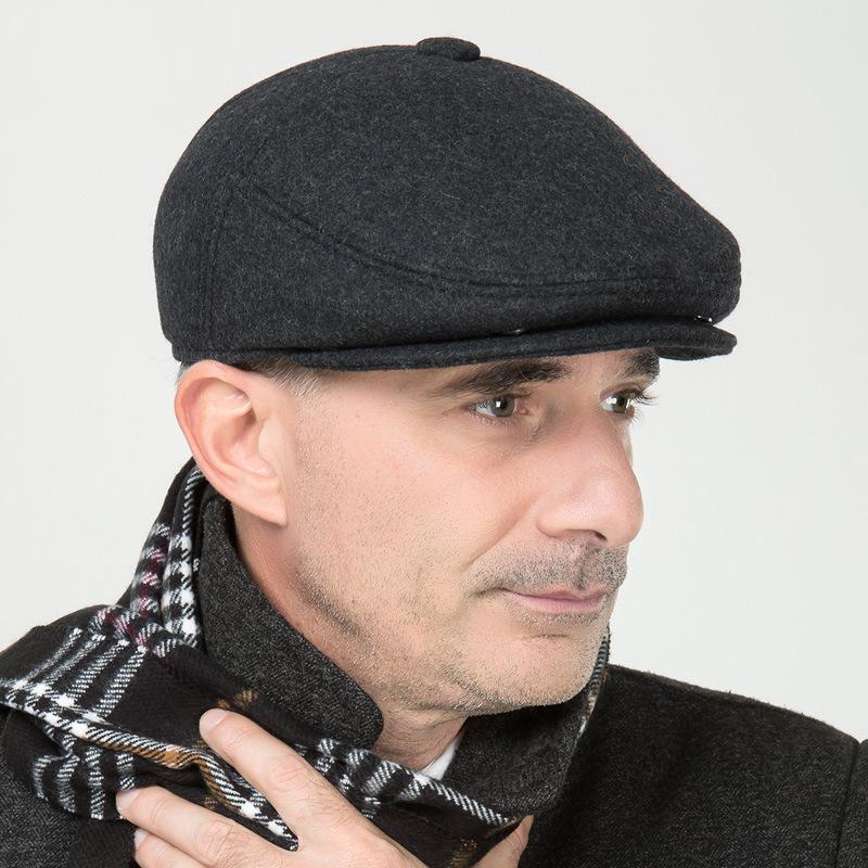 1 Pc Warm Winter Caps for Men Solid Black Grey Ivy Newsboy Flat Cap Male 5 Panels Beret Hat with Ear Flaps Bere
