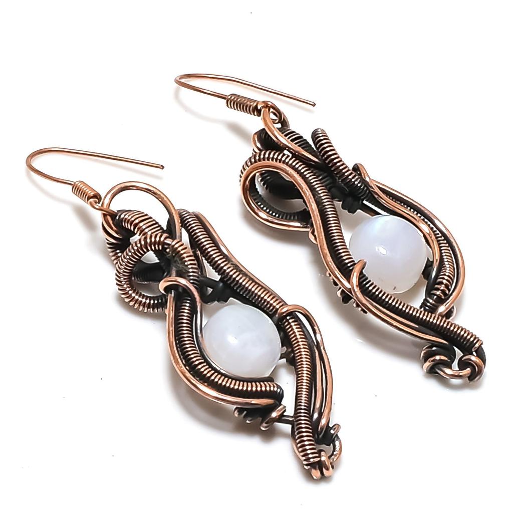 Rainbow Moonstone Earrings, Gemstone Handmade Pure Copper Wire Wrap Jewelry Earrings, Love Forever Gift
