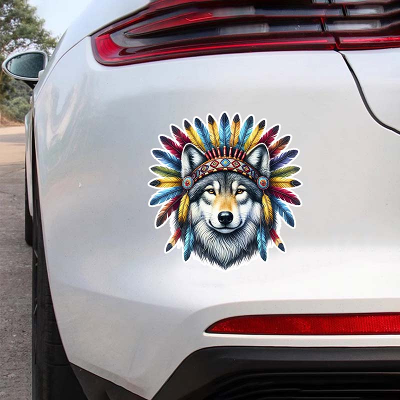 Adesivo per Auto Lupo con Copricapo Indiano Arte Tribale Lupo Arte Nativo Americano Vinile Impermeabile Esterno Paraurti Finestrino Laptop Y194