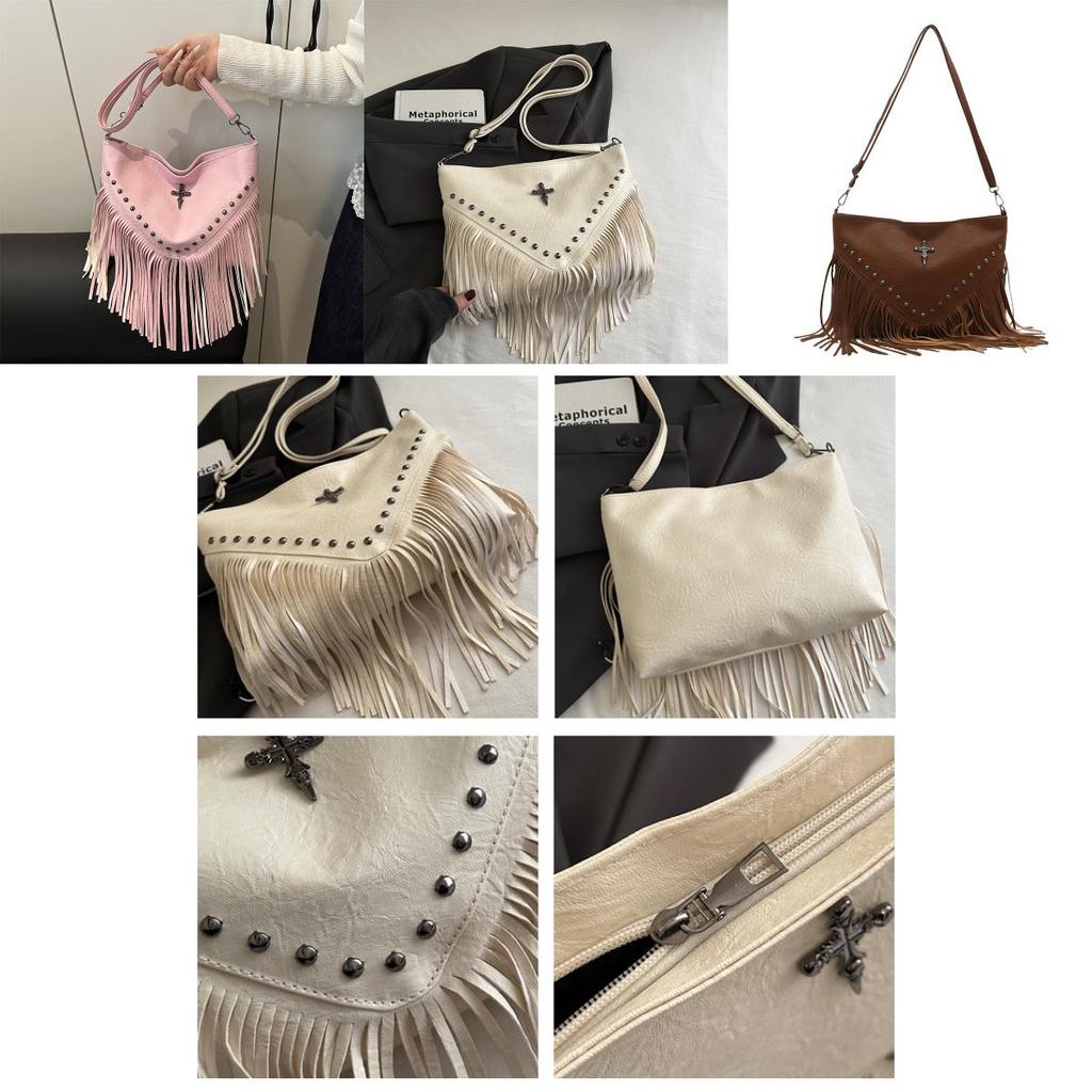 Bohemian Fringe Single Shoulder Bag With Rivets Pu Material For Casual Day Use
