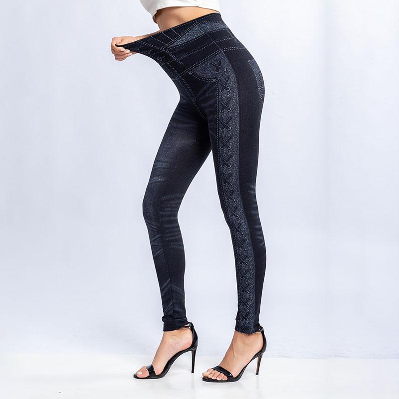 

Женские леггинсы с принтом, леггинсы с имитацией джинсов, тонкие эластичные бесшовные леггинсы для фитнеса S чёрный
