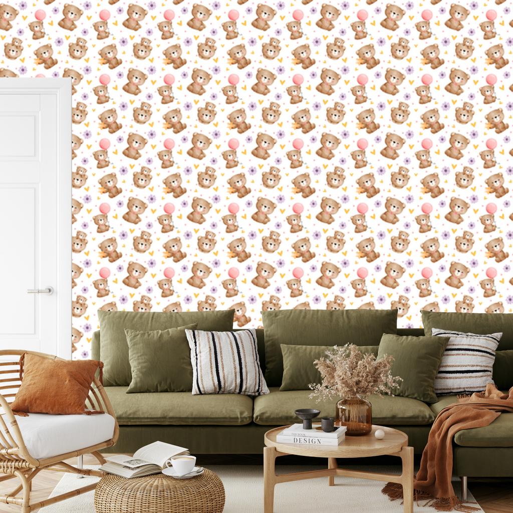 Bear Wallpaper White, Cream and Beige for Living Room and Bedroom 50x1000