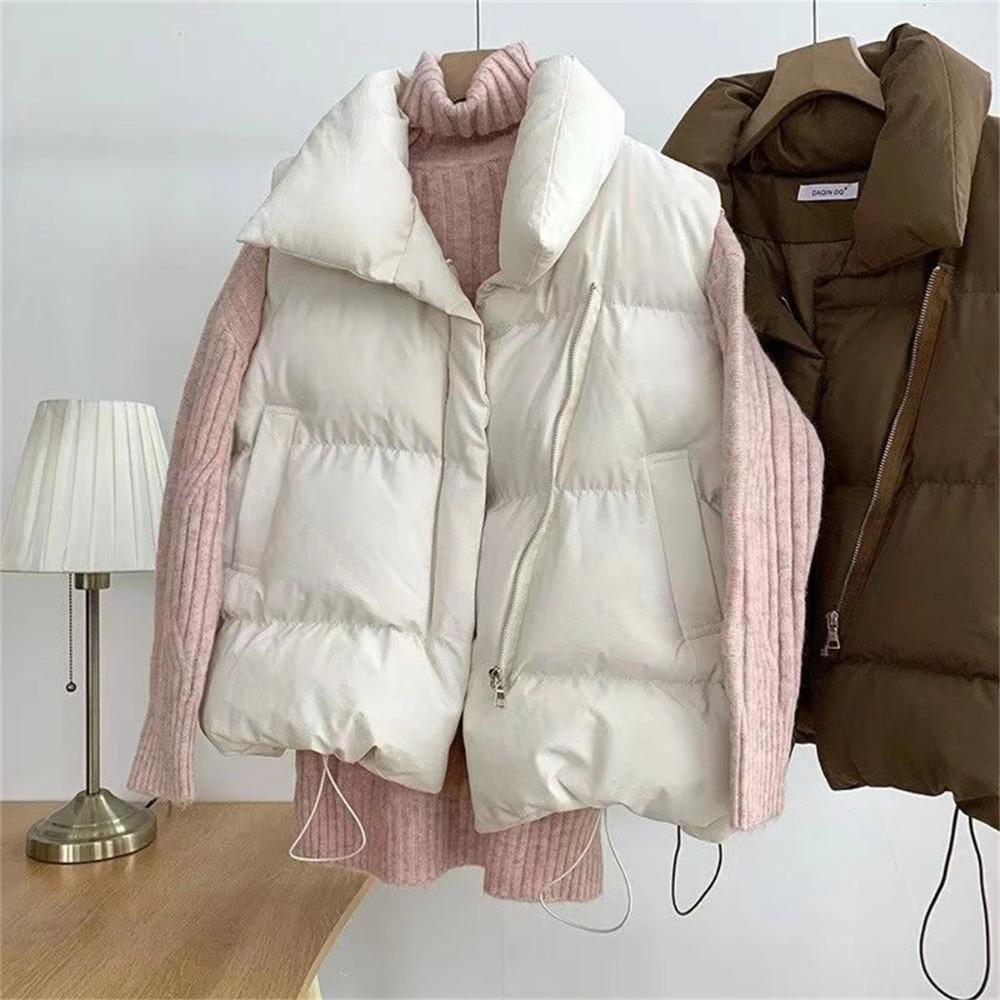 Women Fashion Autumn Stand Collar Elegant Down Coats Warm Outerwear Casual Belt Sleeveless Winter Vests Jackets