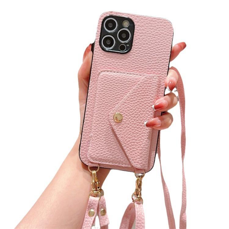 Applicable To Iphone16promax Lychee Pattern Card Bag Leather Case 14plus Crossbody Card Lanyard Mini Protective Cover