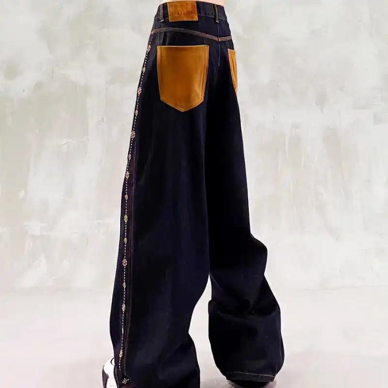 Women s Dark Blue Contrast Pocket Baggy Jeans Wide Leg Streetwear Denim Pants S