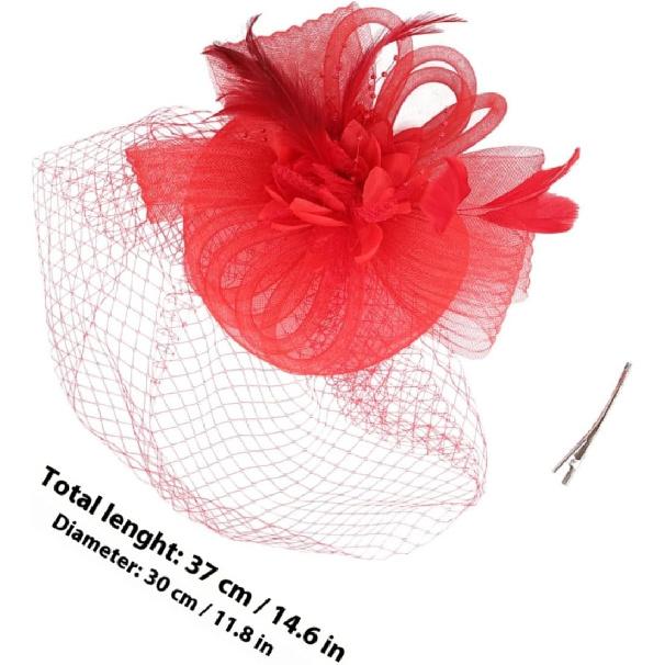 MAGICLULU Fascinator Hat with Mesh Flower and Plume Decoration, Red Cocktail Headband Hair Clip for Women, Tea Party and Wedding Special Occasion