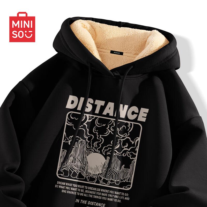 MINISO Men's American Retro Loose Fit Fleece Lined Hooded Sweatshirt