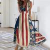 Womens Sleeveless V Neck Wrap Maxi Dress Patriotic Flag Print Floral Swing Summer Sundress Casual High Waist
