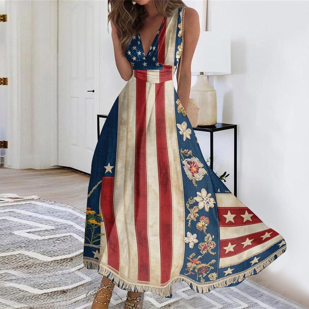 Womens Sleeveless V Neck Wrap Maxi Dress Patriotic Flag Print Floral Swing Summer Sundress Casual High Waist