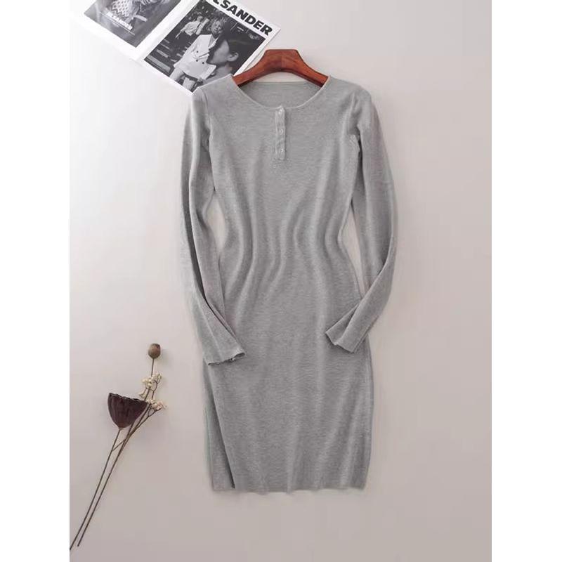 2025 Cotton Korean Style Round Neck Sheath Long Sleeve Dress Slim Fit Slimming Simple Light Gray Mid-Length Base Skirt