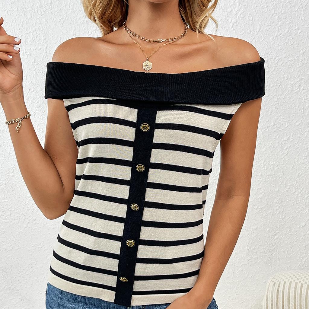 Women's Fashion Spliced Pullover Striped Off Shoulder Short Sleeve Sweater Top