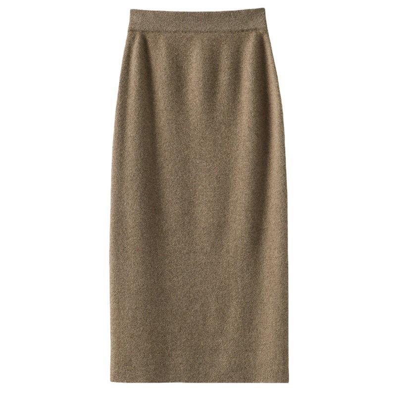 High-Waisted Slim Cashmere Knit Midi Skirt - Hip-Hugging 100% Wool Pencil Skirt for Women, Thickened for Autumn and Winter.
