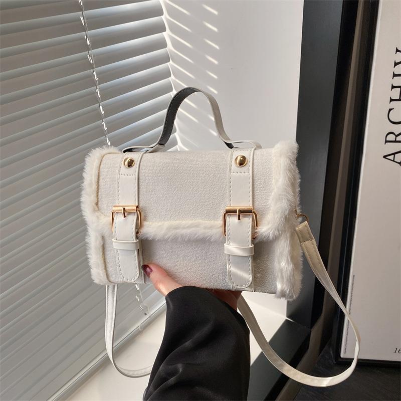 Casual autumn and winter lamb wool plush bag women's new trendy messenger bag simple popular belt square bag