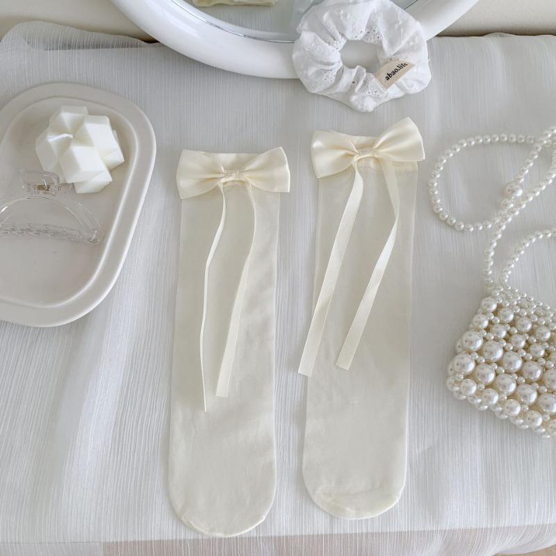 Female Summer Ultra Thin Model Sweet Bow Ballet Wind Transparent Cylinder Stack Socks