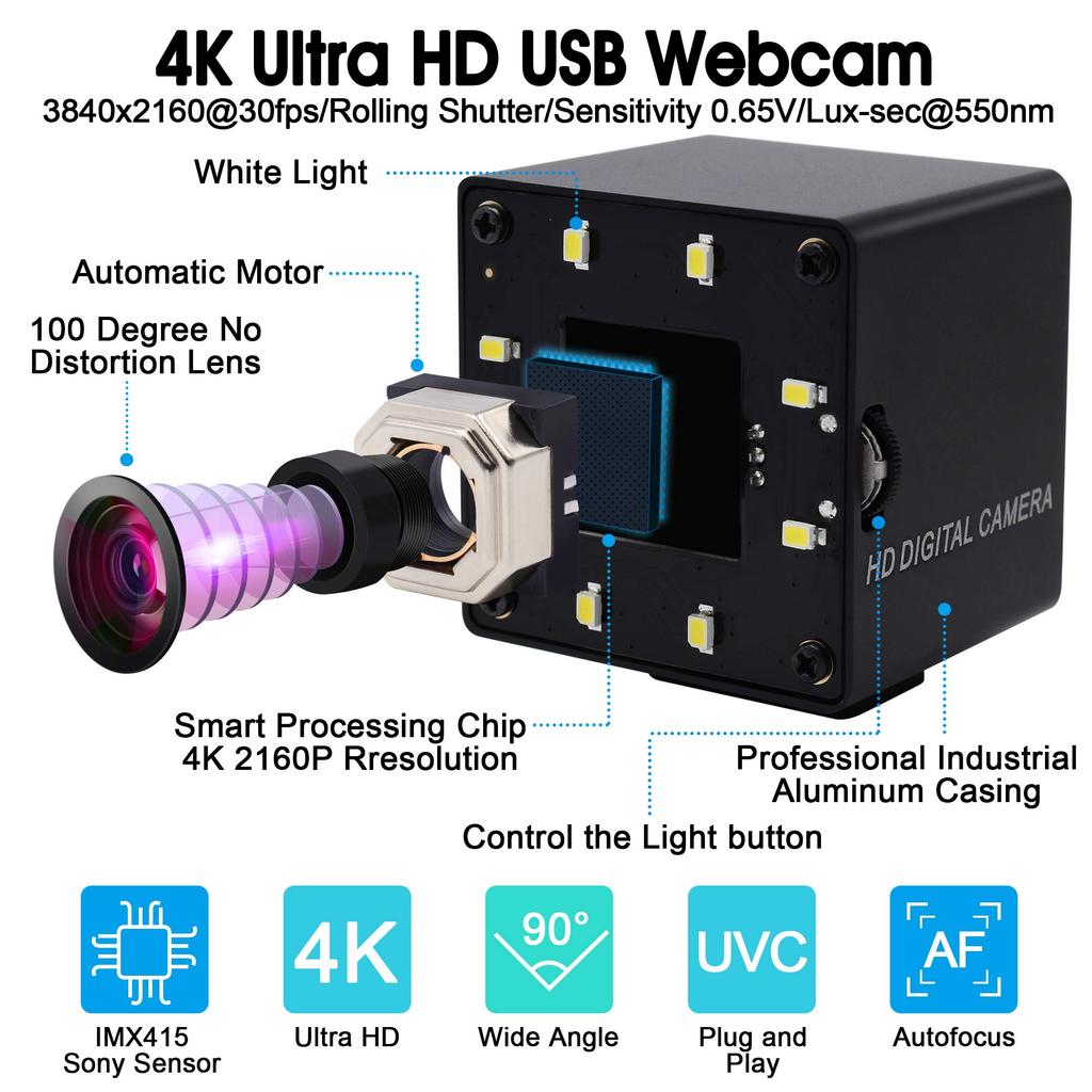4K USB kamera s ELP LED nočním USB webkamerou pro UVC USB světlo Barn IMX415 USB zabezpečení PC Plug and Play pro Jetson Nano Autofokus, 100°
