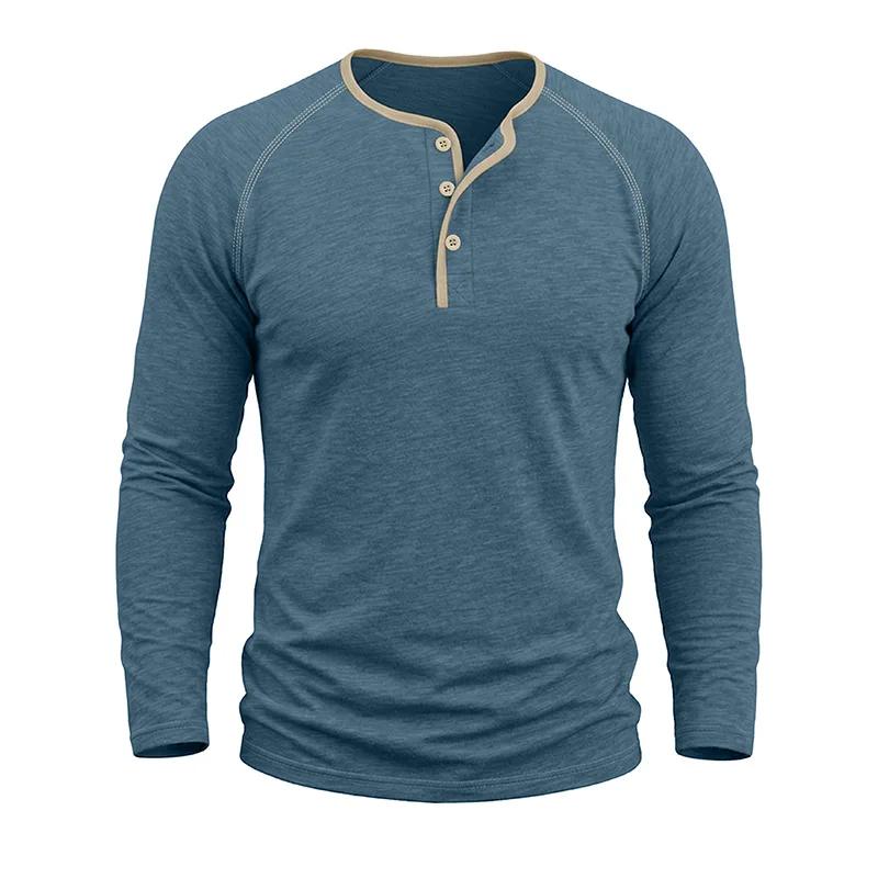 Spring Autumn Men's Cotton Henry Collar T-Shirts American Style Fashion Smart Casual Tees Tops Men Patchwork Breathable Tshirt