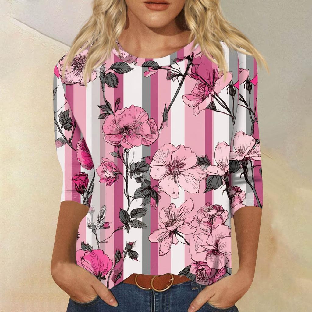 Women's Fashion Casual Seven Split Sleeve Printed Loose Round Neck Top