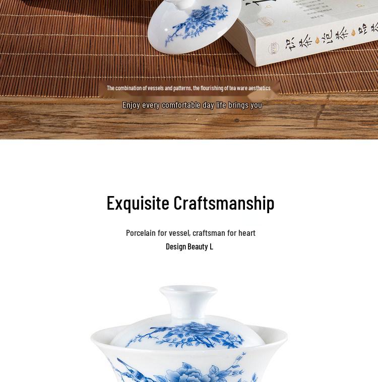 Chaozhou Blue and White Porcelain Gongfu Tea Set: Gaiwan, Mini Tea Cup, and Bowl