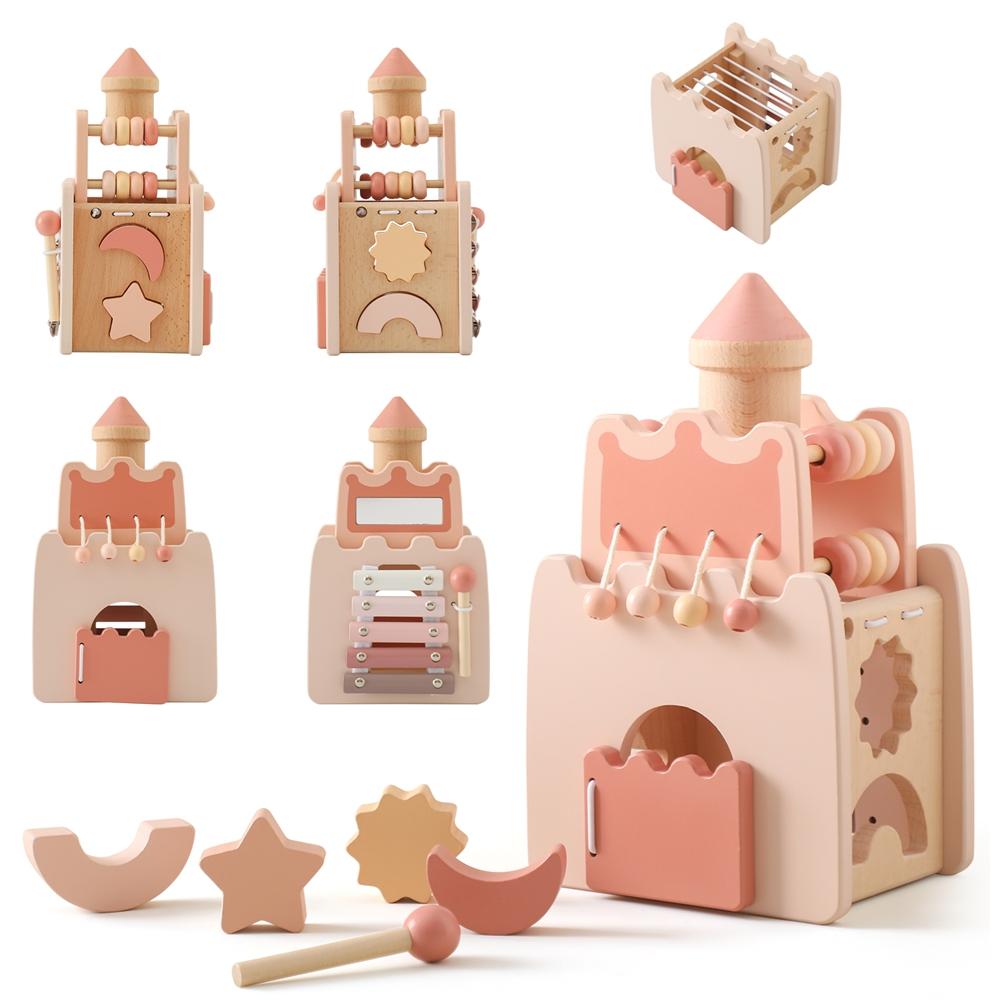 Children Geometric Castle Shape Block Puzzle Toys Kids Montessori Wooden Toys Baby Pink Castle Shape Matching Busy Box Toys