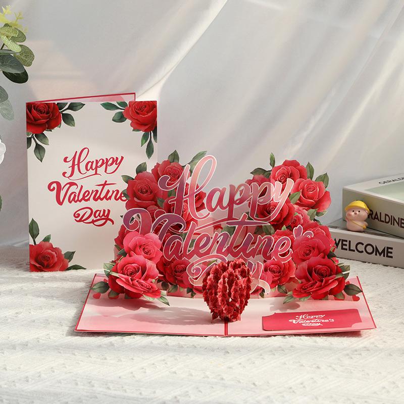 Valentine  Day 3D Romantic Rose Card Pop Up Card Surprise Gifts For Couples Party Prop Anniversary Wedding Flower Card Envelopes