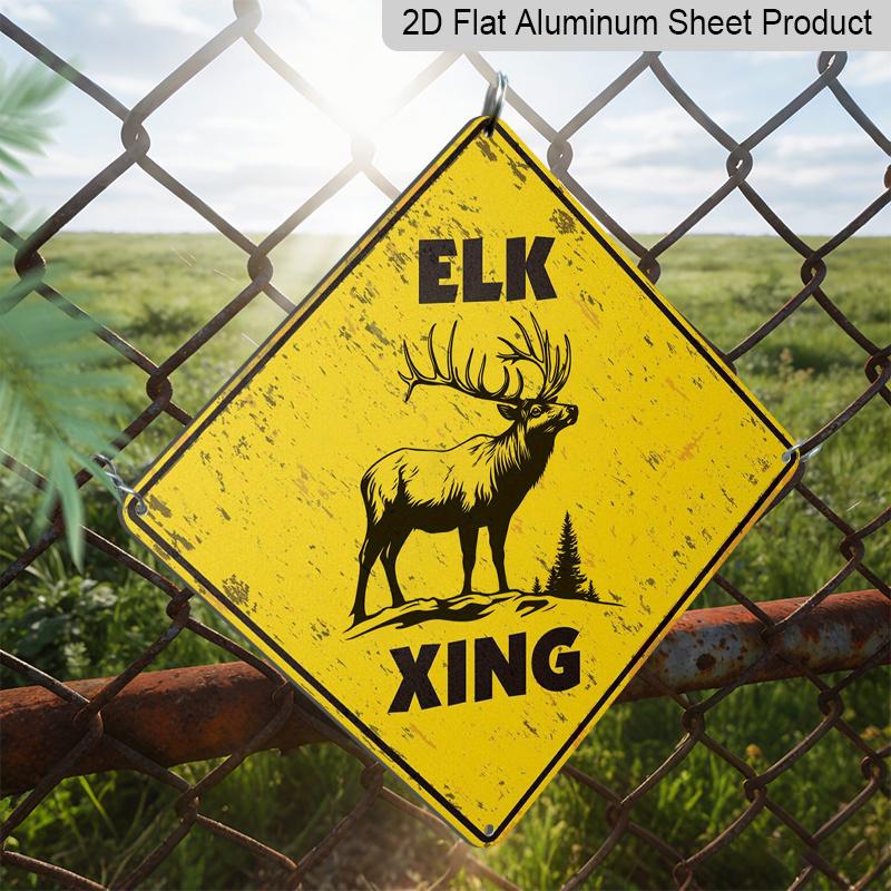 2D Flat 1pc, Vintage Elk Crossing Sign - Rustic Iron Metal Tin Wall Decor with Caution Yellow Finish & Elk Silhouette Design - Indoor/Outdoor Durable