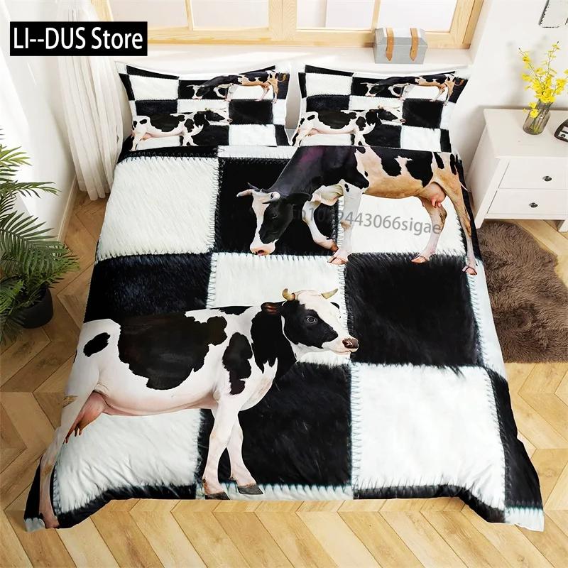Cowhide Print Duvet Cover Queen Microfiber Western Farmhouse Animal Skin Fur Bedding Set 3pcs for Kids Teen Cow Quilt Cover