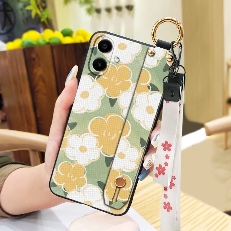 Durable Back Cover Phone Case For Samsung Galaxy A07 Flower Silicone Anti-knock Wrist Strap Shockproof Lanyard Anti-dust