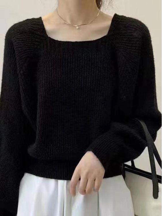 Women's Thick Knit Sweater: 2023 Autumn/Winter, Square Collar, Lantern Sleeves, Loose Fit.