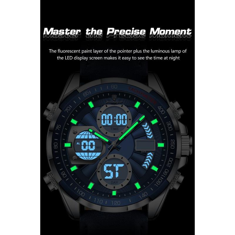 POEDAGAR Men Wristwatch Week Date Digital LED Quartz Fashion Clock Alarm Dual Time Display Electronic Luminous Watches