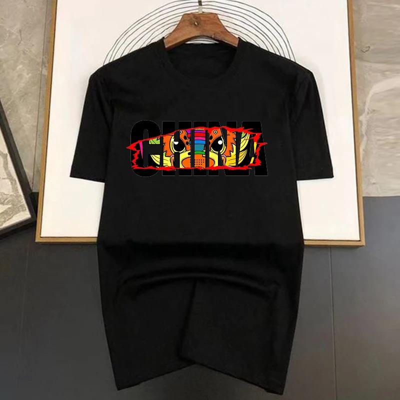 

Мужская футболка с коротким рукавом с мультяшным принтом глаз дракона в китайском стиле, простая толстовка в стиле Y2k, уличная повседневная футболка, женские топы XXXXXL чёрный