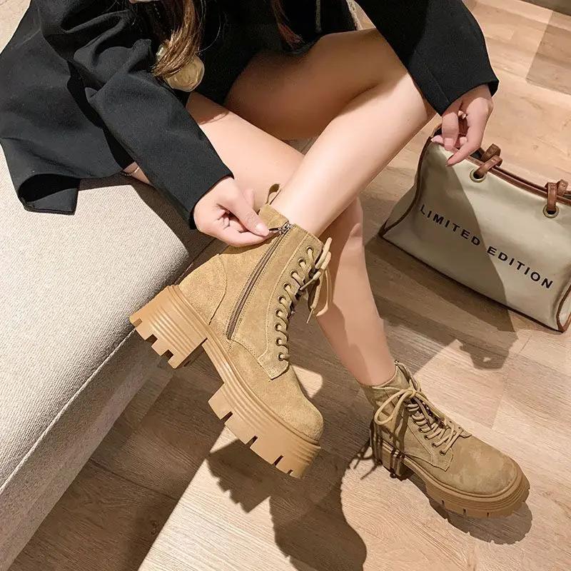 Biker Lace-up Women's Ankle Boots Short Shoes for Woman Sports Combat Chunky Punk Style with Laces Round Toe Footwear Booties Pu