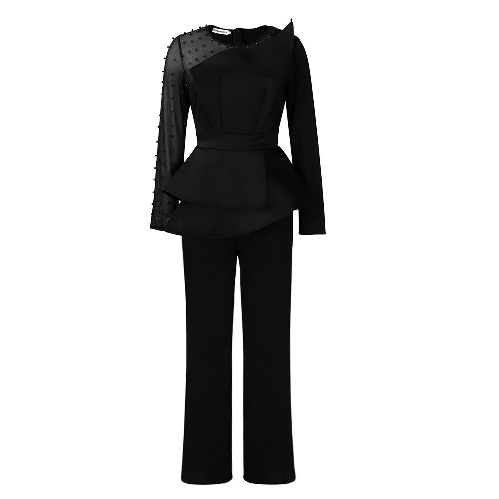 Nuovo jumpsuit a maniche lunghe con temperamento, inserti in rete, perline, sottile, da banchetto, taglia grande