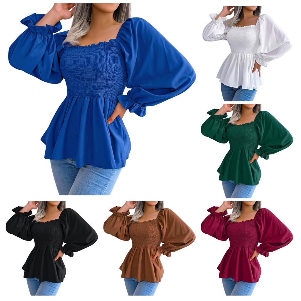 Women's Casual Fashion Solid Color Ruffled Square Collar Long Sleeve Chiffon Shirt