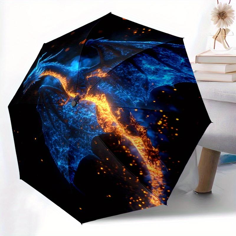 1pc Blue Dragon with Fiery Trail Soaring Through Starry Night Sky Durable Cartoon Folding Umbrella, Portable 3-Fold Compact Umbrella for Men and Women