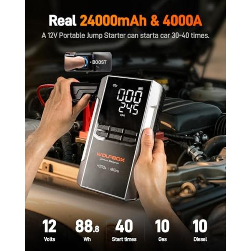 4000A Jump Starter with 160PSI Air Compressor 12V Car Battery Booster 88.8Wh Portable Jump Box 10.0 Gas/10.0L Diesel with 65W F