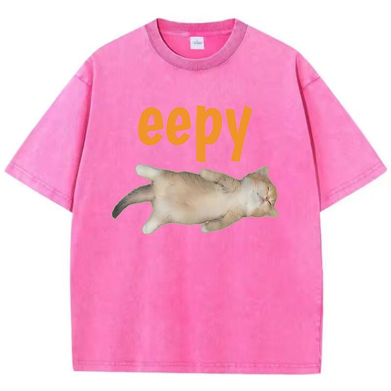 Hip Hop Retro T Shirt Vintage Washed Cotton T-Shirt Fashion Eepy Cat Graphic Tee Casual Streetwear Spring Summer Tee