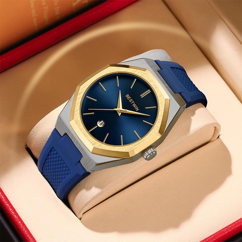 BestWin Luxury Quartz Wristwatch Silicone Strap Reloj Hombre Sport Watch For Man Fashion Date Silicone Calendar Waterproof Clock