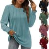 Women Long Sleeve T-Shirts Crew Neck Pleated Pullover Shirts Loose Blouses Top