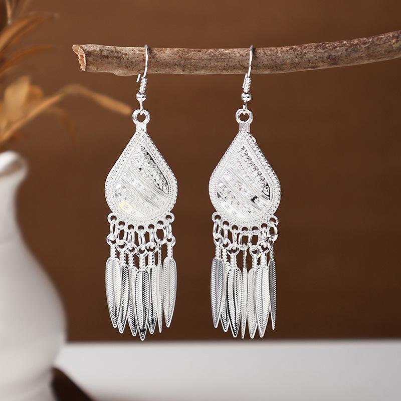 Ethnic Miao Silver Tassel Earrings - Retro Long Dangle Scenic Studs for Women