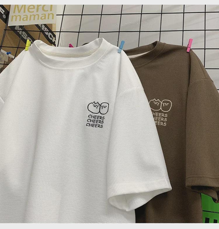 Men's Summer Waffle Knit Ice Silk Short-Sleeve Embroidered T-Shirt - Korean Fashion, Loose Fit, American Heavyweight.