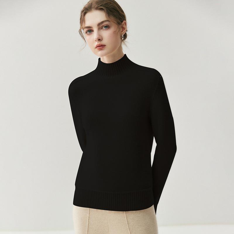 Elegant Women's Cashmere Sweater - Half-High Collar, Saddle Shoulder, Solid Color Knit for Autumn and Winter