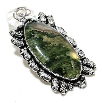 Natürlicher Moosachat Edelstein Handgefertigter 925 Sterlingsilber Anhänger 3,03" H2I23