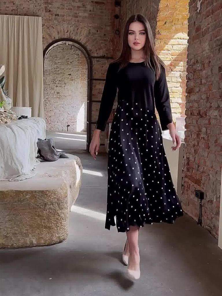 2025 Spring Women's Polka Dot Crew Neck Dress with Long Sleeves and Waist-Hugging Design