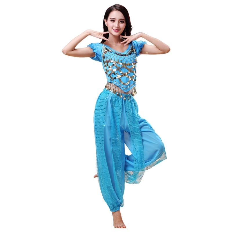 2Pieces Belly Dance Costume Set Coins Top Lantern Pants Set Halloween Costume Belly Dance Outfits for Dress Up Party