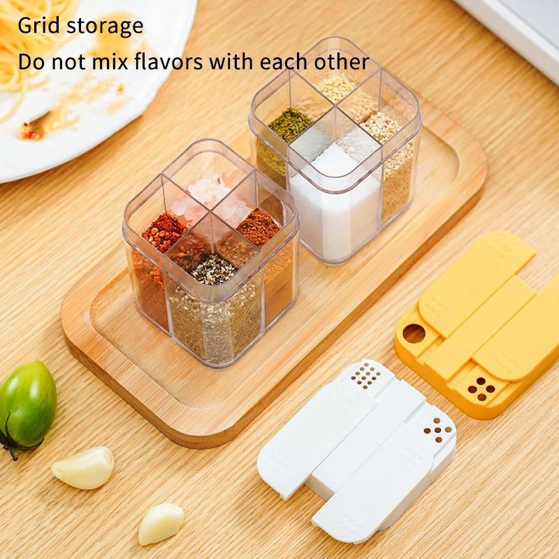 Sliding Cover Seasoning Box Four-Divided Transparent Storage Box Cooking Bottle Seasoning Jar Household Kitchen Supplies