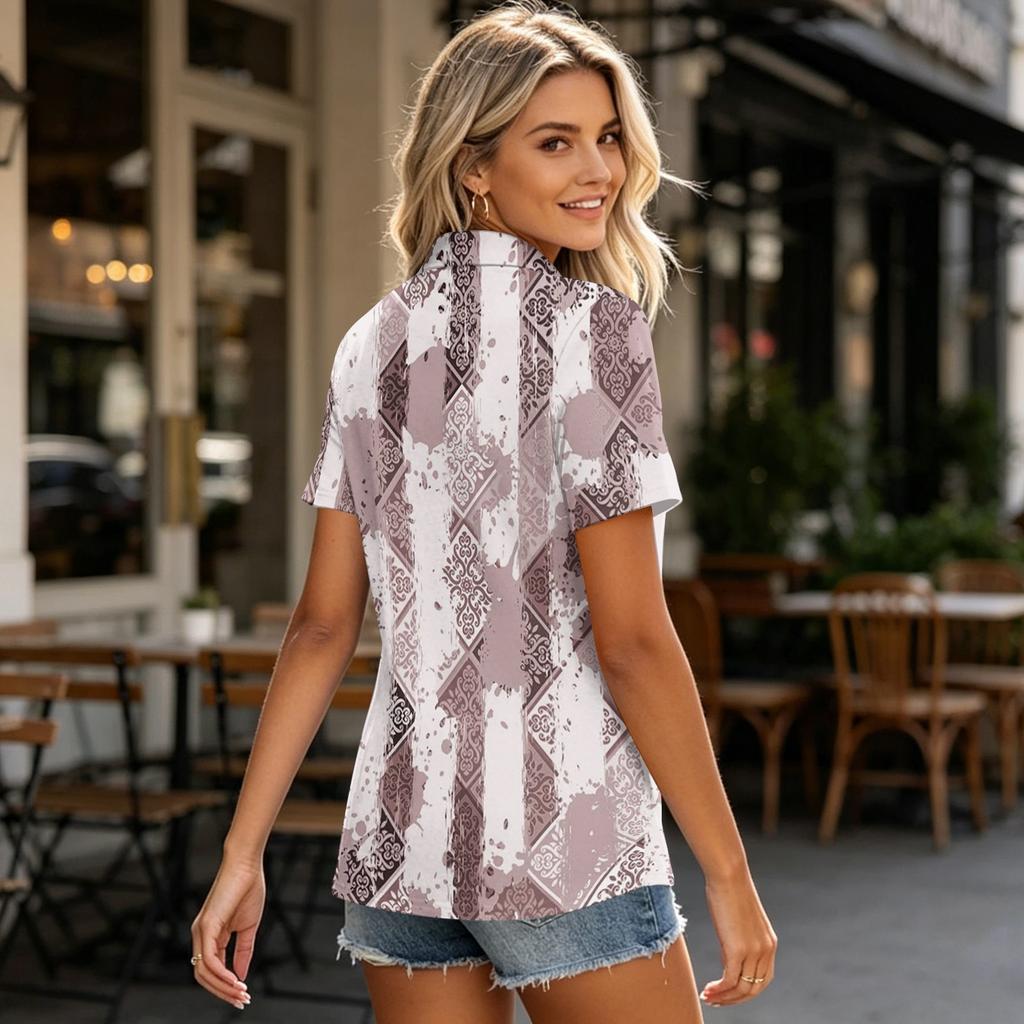 Women Casual Polo Shirt Short Sleeve Loose Fit Button Up Neck Lightweight Comfortable Top for Everyday Wear