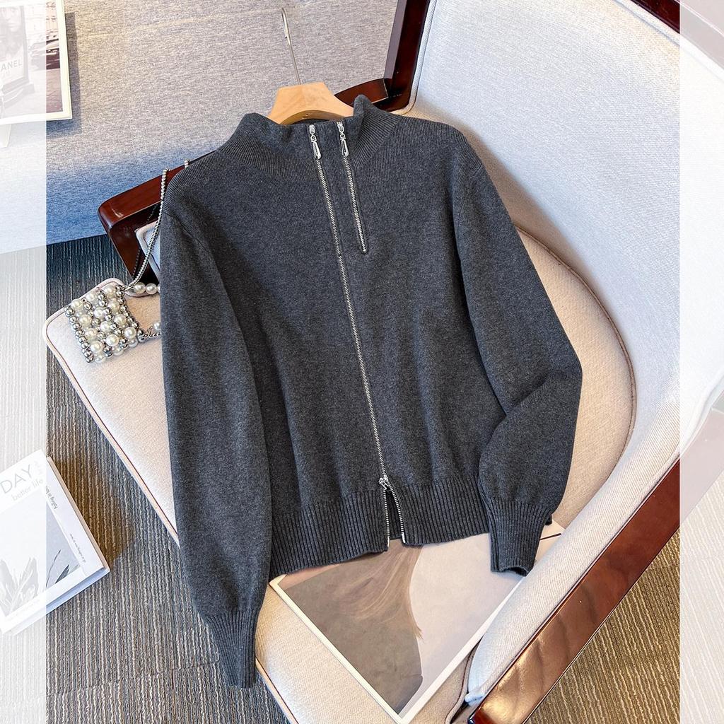 Cardigan en maille zippé couleur abricot pour femme avec col montant - Haut d'extérieur d'hiver élégant à manches longues
