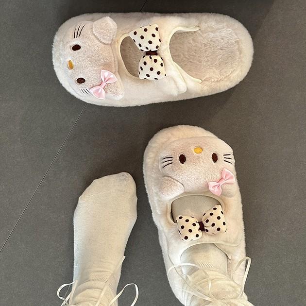 Fashion cute and sweet KT cat fluffy slippers women's autumn and winter 2025 thick-bottomed velvet thermal cotton bag head slippers